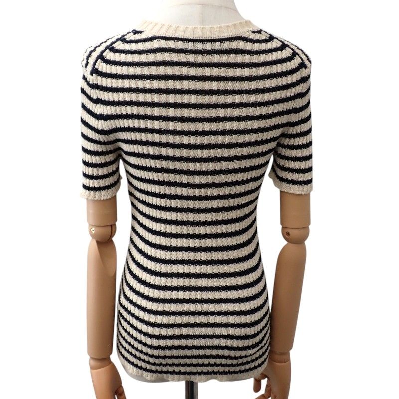 Dior Dioriviera Short Sleeve Knit 38 M Top Marine Border Rib Cotton Ivory Navy — view 2