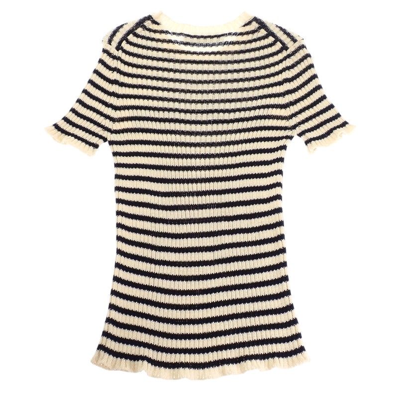 Dior Dioriviera Short Sleeve Knit 38 M Top Marine Border Rib Cotton Ivory Navy — view 4