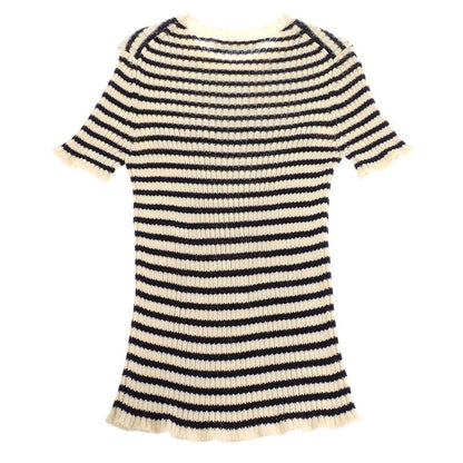 Dior Dioriviera Short Sleeve Knit 38 M Top Marine Border Rib Cotton Ivory Navy — view 4