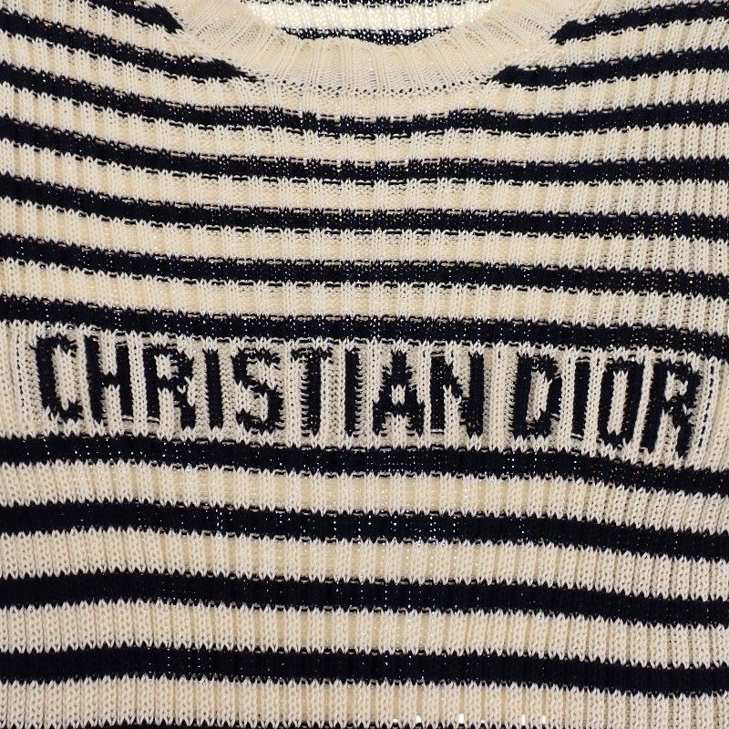 Dior Dioriviera Short Sleeve Knit 38 M Top Marine Border Rib Cotton Ivory Navy — view 5