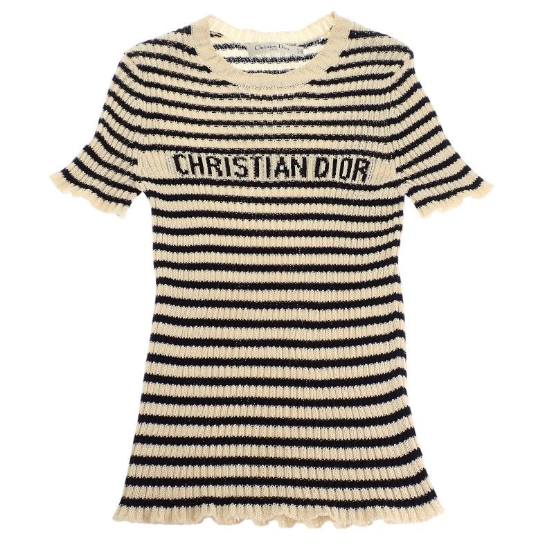 Dior Dioriviera Short Sleeve Knit 38 M Top Marine Border Rib Cotton Ivory Navy — view 3