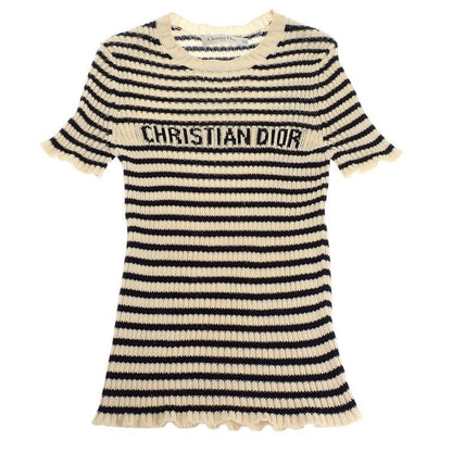 Dior Dioriviera Short Sleeve Knit 38 M Top Marine Border Rib Cotton Ivory Navy — view 3