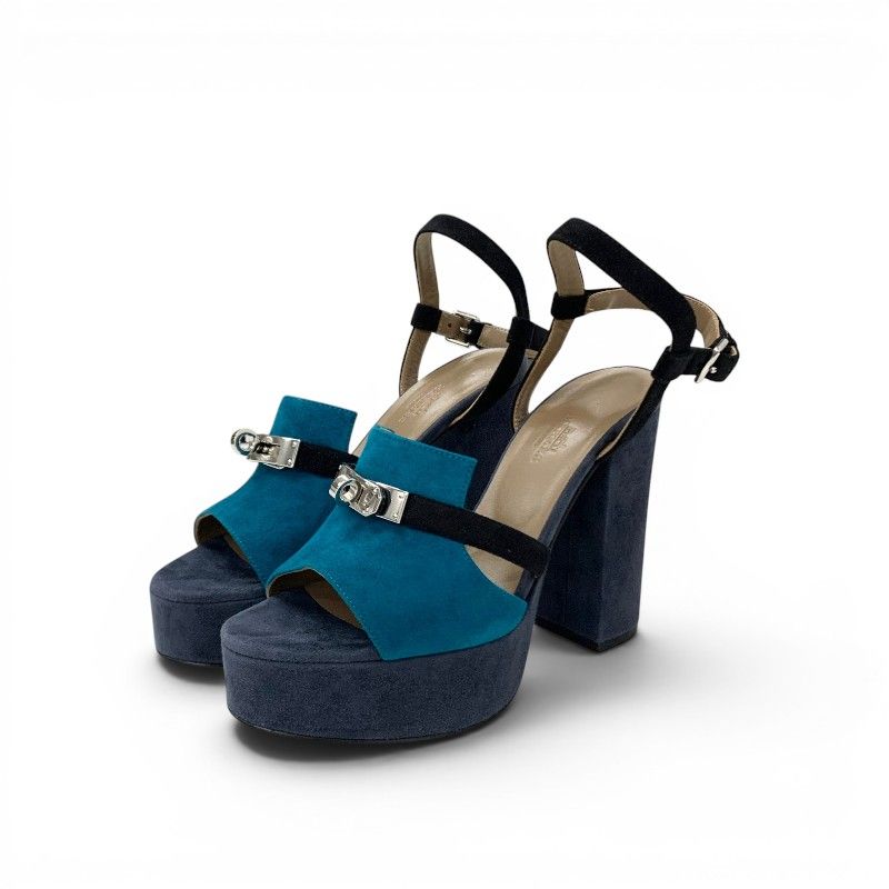 Hermes Sandals Shoes Suede Navy Blue Silver Kelly Strap