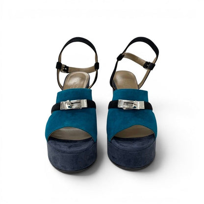 Hermes Sandals Shoes Suede Navy Blue Silver Kelly Strap — view 2