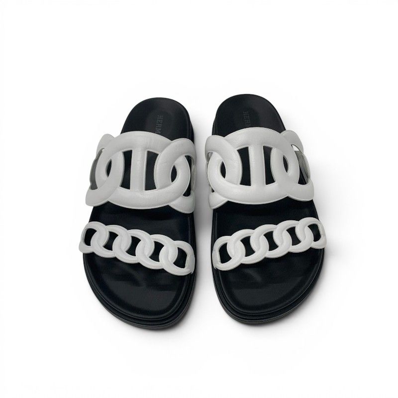 Hermes Extra Sandals Shoes Leather White Chaine D'Ancre Flat — view 2