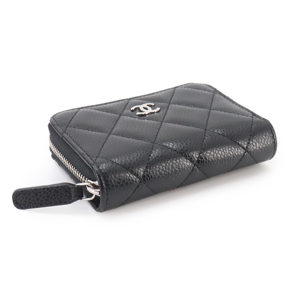 Chanel Quilted Coin Purse Caviar Leather Black CC Logo Silver — view 4