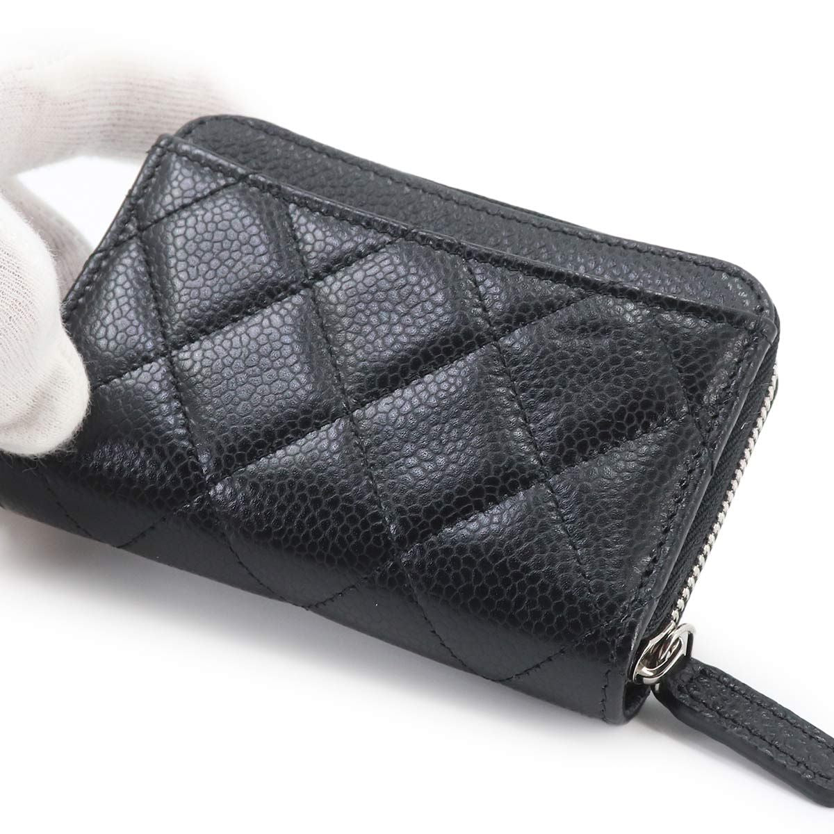 Chanel Quilted Coin Purse Caviar Leather Black CC Logo Silver — view 7