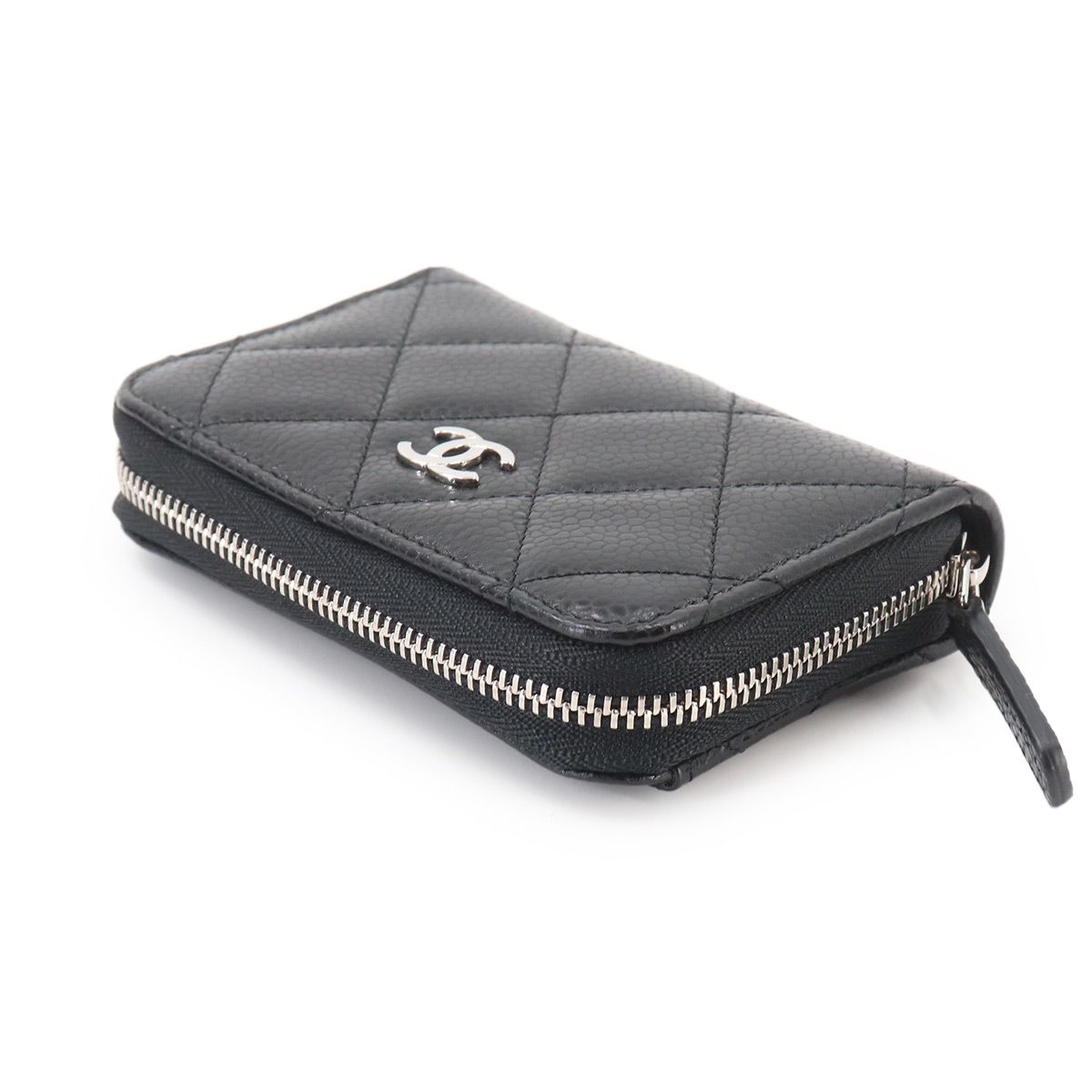 Chanel Quilted Coin Purse Caviar Leather Black CC Logo Silver — view 5