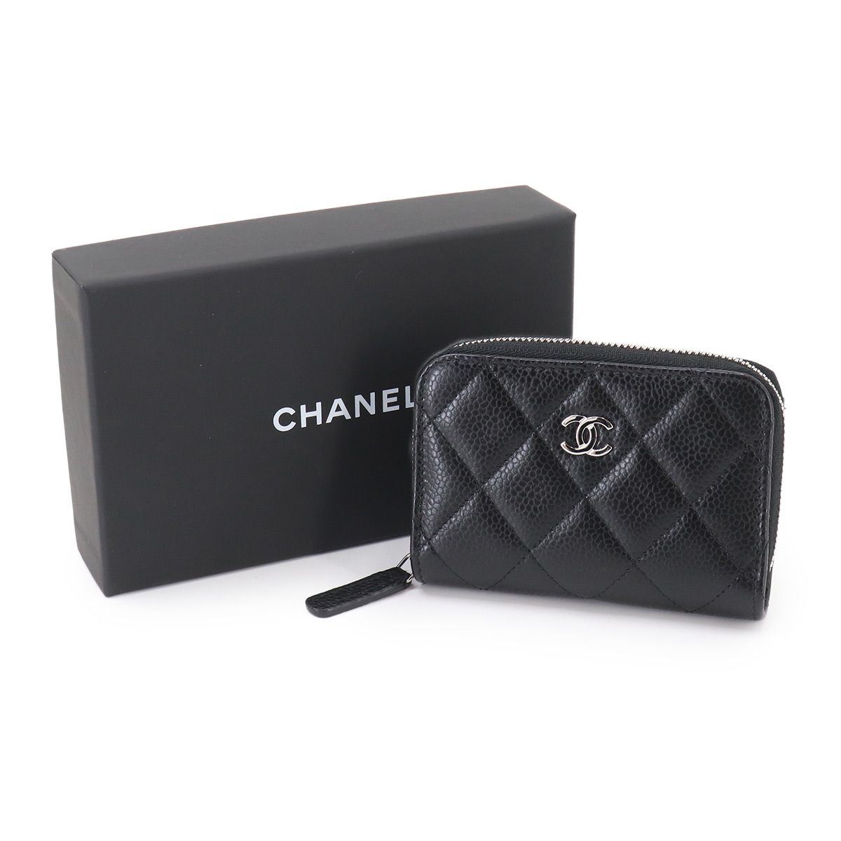 Chanel Quilted Coin Purse Caviar Leather Black CC Logo Silver — view 2