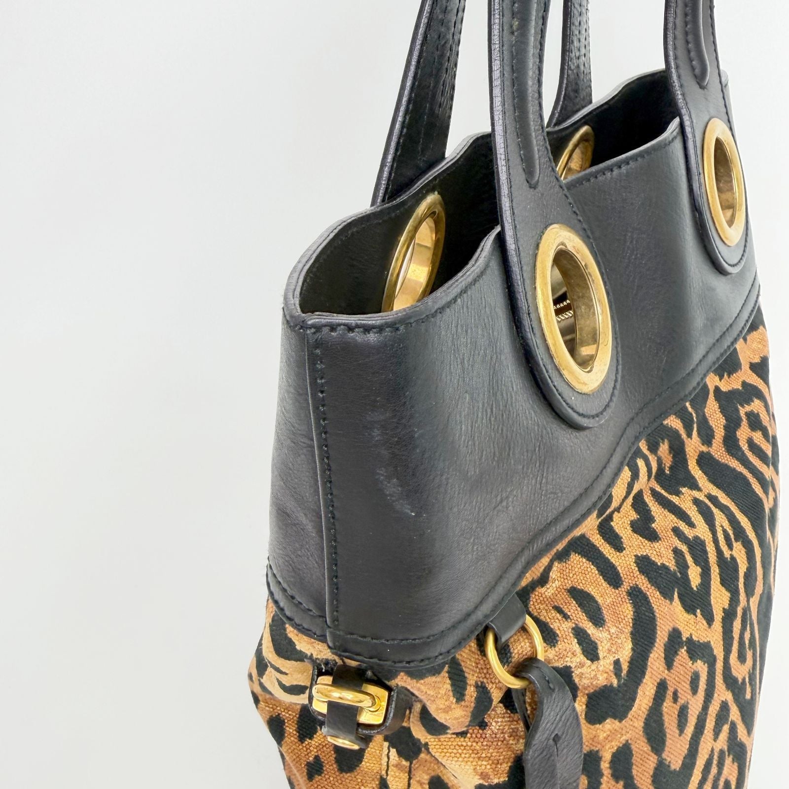 Saint Laurent Leopard Eyelet Handbag Calf Hair Leather Brown Black Gold Vintage — view 6