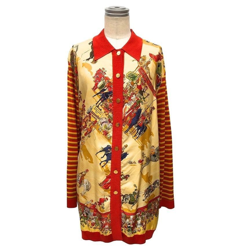 Hermes Cardigan 40 Silk Long Sleeve Cirque Molier Border Series Button Orange