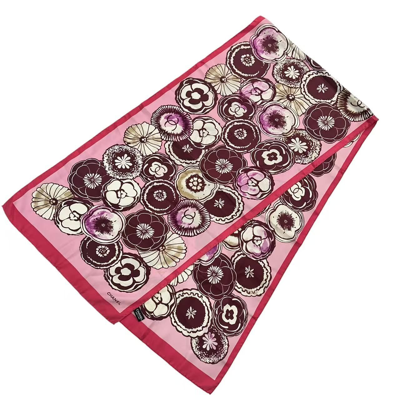 Chanel Long Scarf Camellia CC Logo Print Pattern Silk Multicolor