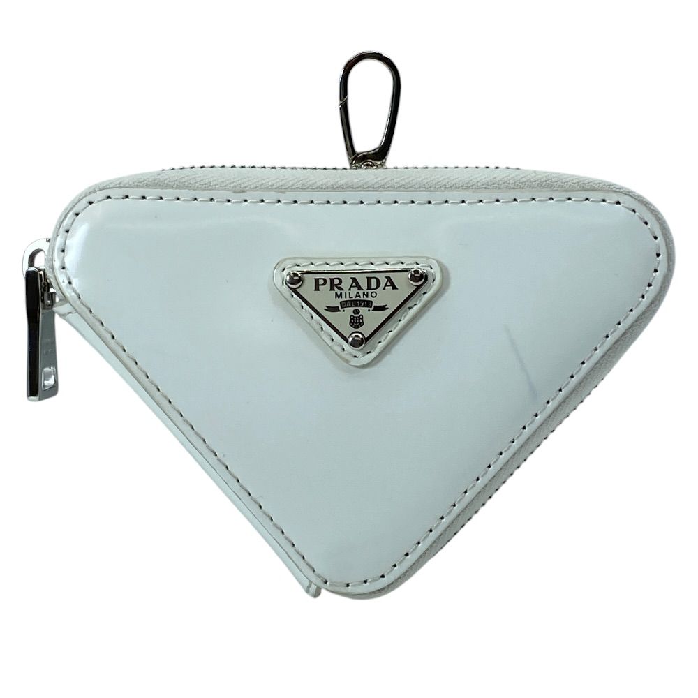 Prada Pouch Coin Purse Triangle Logo Leather White Silver Practical Daily