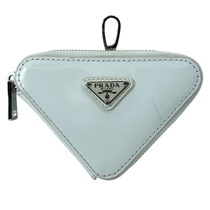 Prada Pouch Coin Purse Triangle Logo Leather White Silver Practical Daily