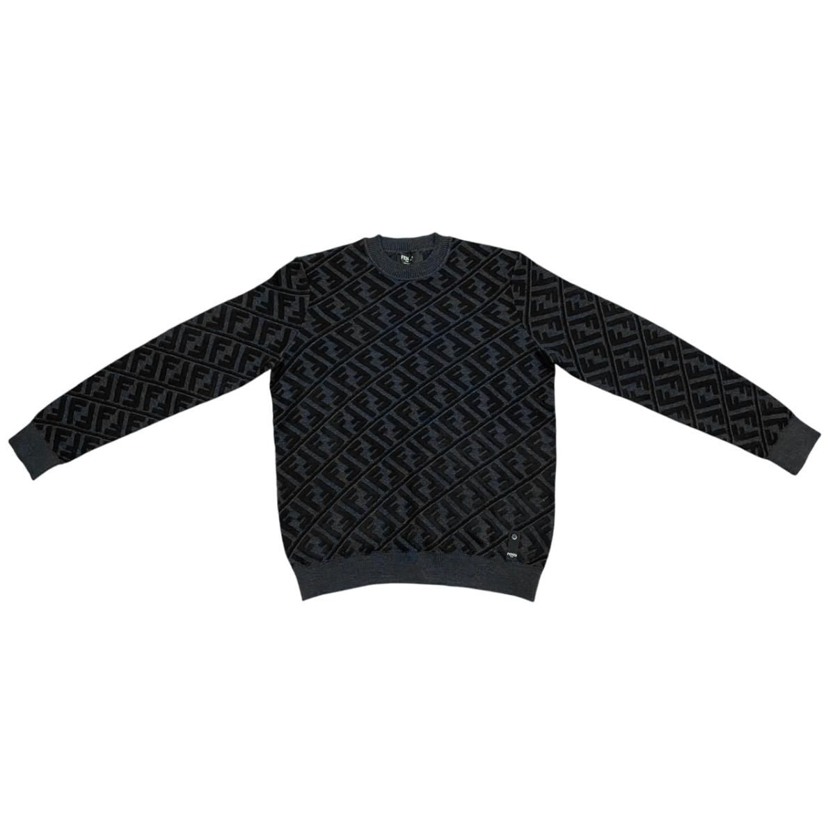 Fendi Sweater FF Jacquard Knit Aljx 48 Wool Rayon Logo Black Gray