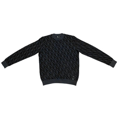 Fendi Sweater FF Jacquard Knit Aljx 48 Wool Rayon Logo Black Gray