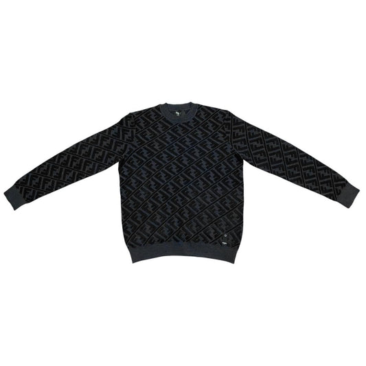 Fendi Sweater FF Jacquard Knit Aljx 48 Wool Rayon Logo Black Gray
