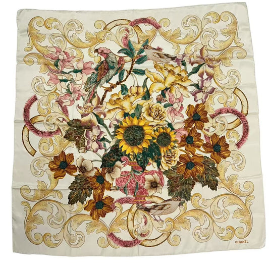 Chanel Scarf Sunflower Pattern Silk Multicolor