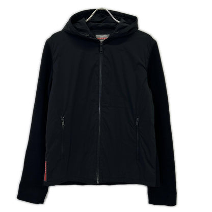 Prada Sports Black Nylon Wool Elbow Patch Knit Contrast Hooded Jacket 48