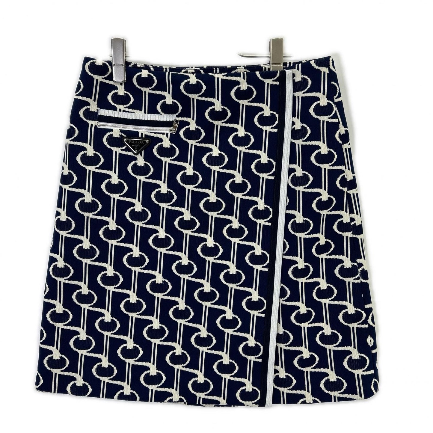 Prada Blue White Knit Jacquard Total Pattern Wrap Skirt 40 — view 2