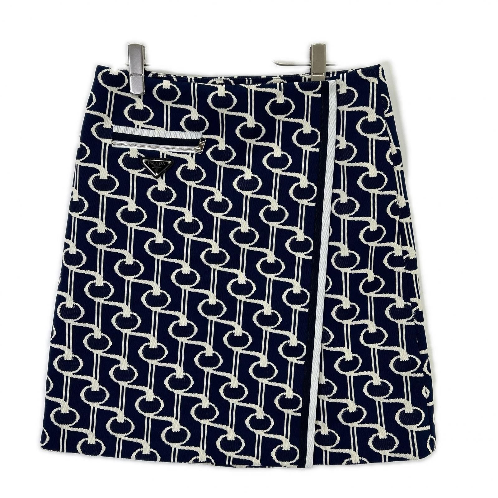 Prada Blue White Knit Jacquard Total Pattern Wrap Skirt 40 — view 2