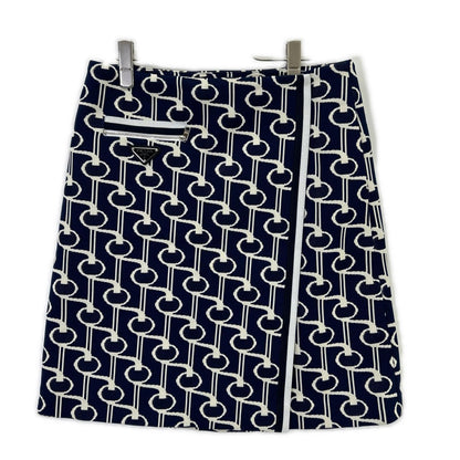 Prada Blue White Knit Jacquard Total Pattern Wrap Skirt 40 — view 2