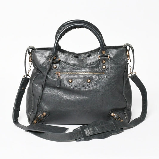 Balenciaga the Velo Shoulder Handbag 2-Way Leather Champagne Gold Gray
