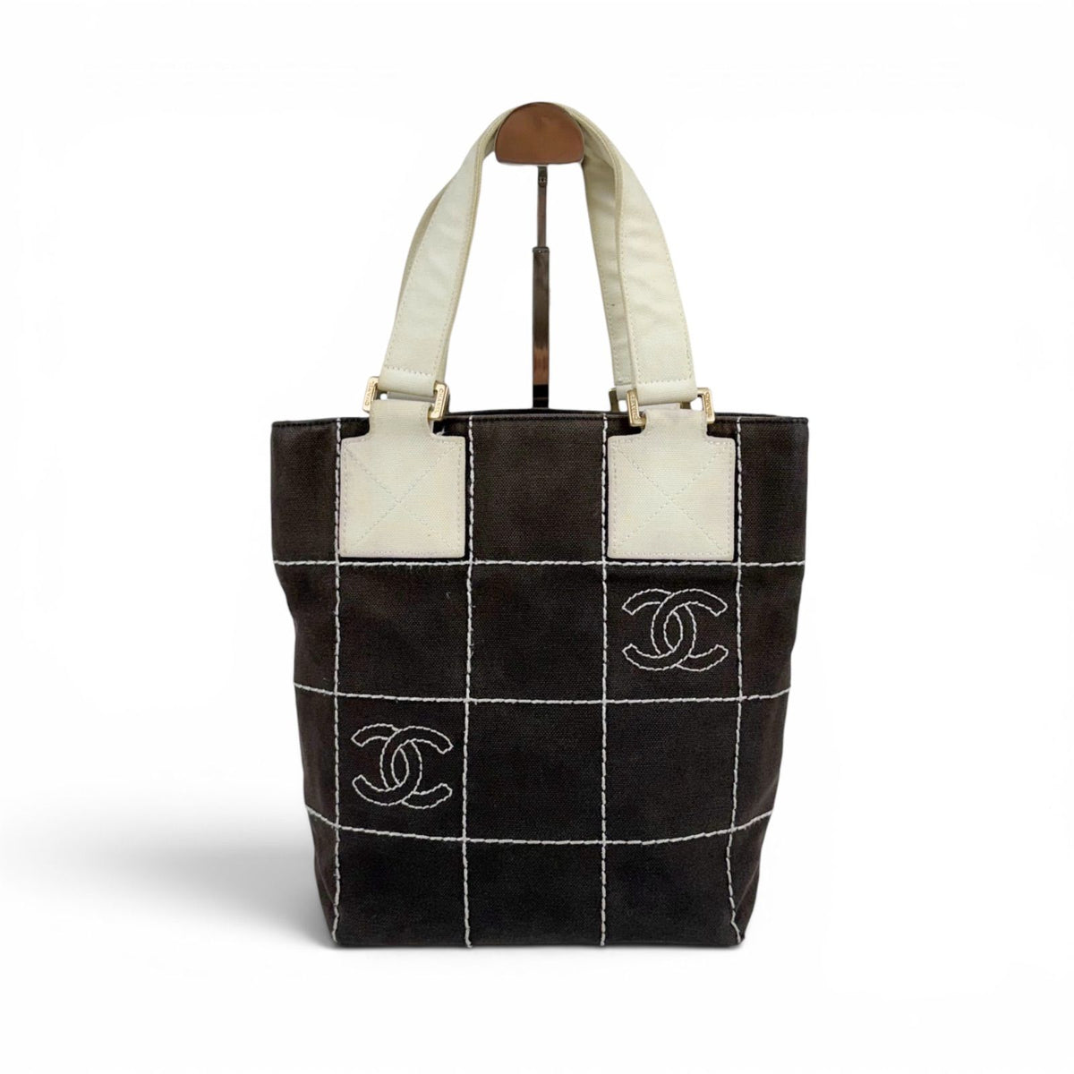 Chanel Wild Stitch Mini Tote Bag CC Logo Black White Canvas Chocolate — view 3