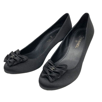 Chanel 13P Satin Ribbon Pumps Black C Shoes Vintage 35.5