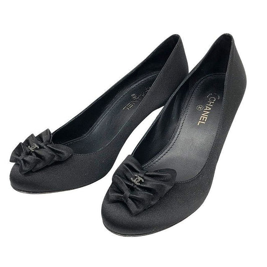 Chanel 13P Satin Ribbon Pumps Black C Shoes Vintage 35.5