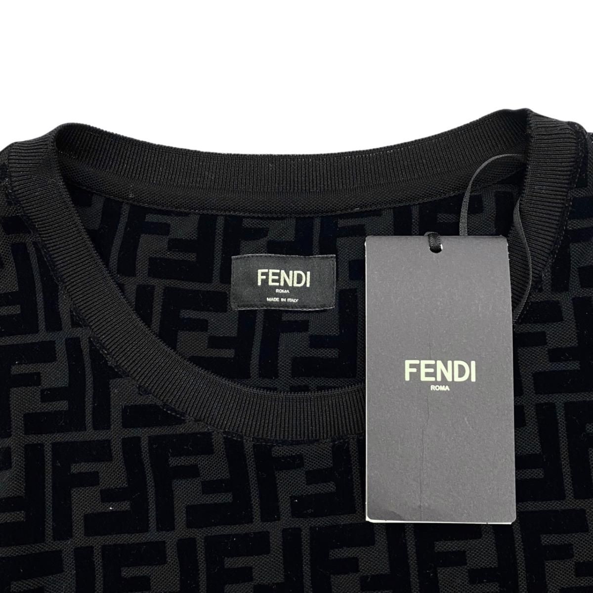 Fendi Short Sleeve T-Shirt FF Motif Crew Neck L Cotton Velour Logo Black — view 7