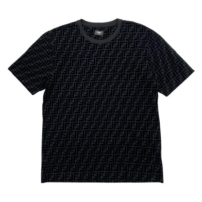 Fendi Short Sleeve T-Shirt FF Motif Crew Neck L Cotton Velour Logo Black