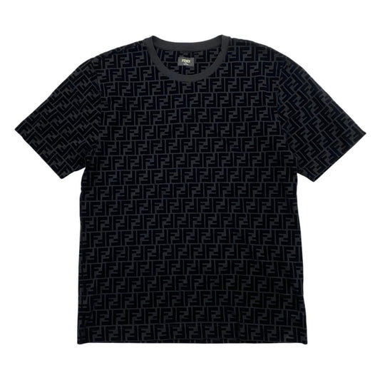 Fendi Short Sleeve T-Shirt FF Motif Crew Neck L Cotton Velour Logo Black
