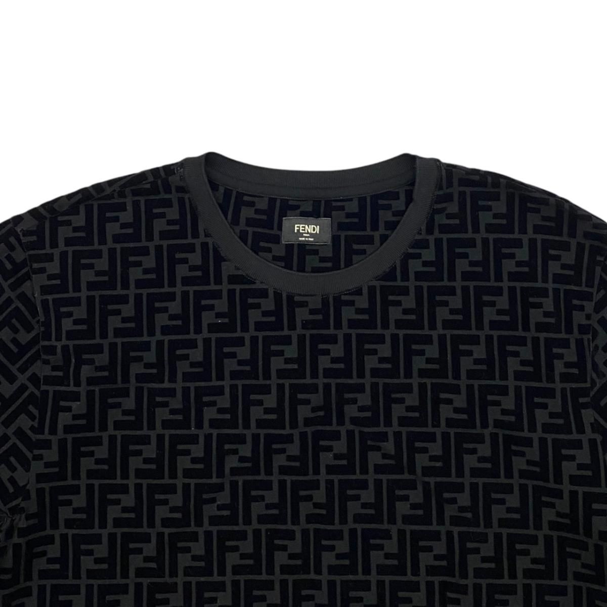 Fendi Short Sleeve T-Shirt FF Motif Crew Neck L Cotton Velour Logo Black — view 3