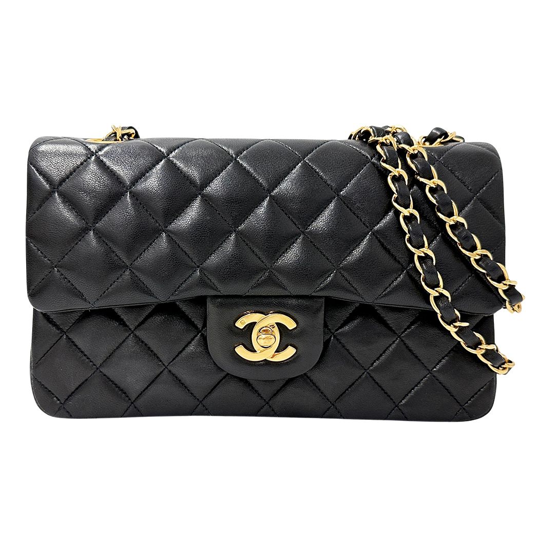 Chanel Quilted 25 Shoulder Bag Lambskin Black Gold Double Flap Chain