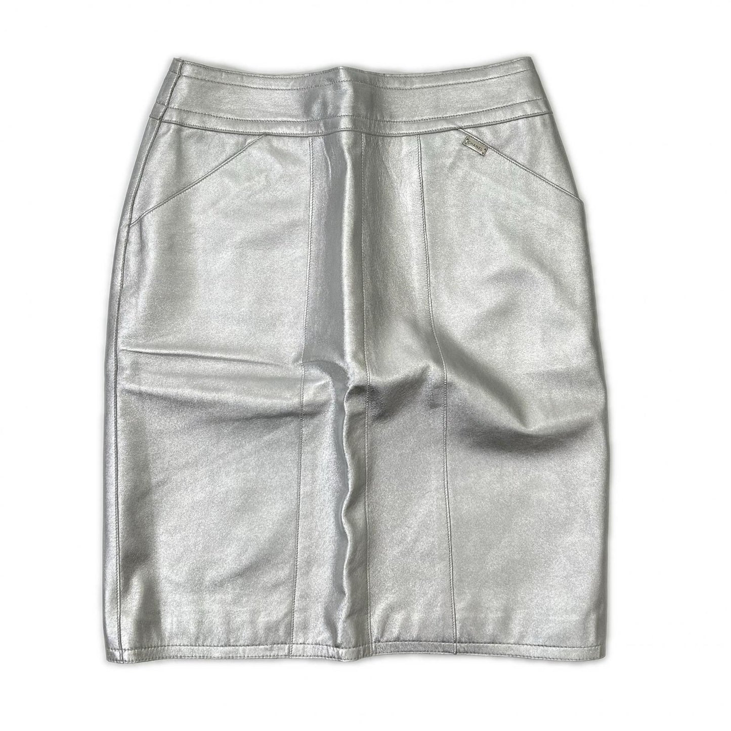 Chanel Silver Lambskin Tight Mini Skirt 38