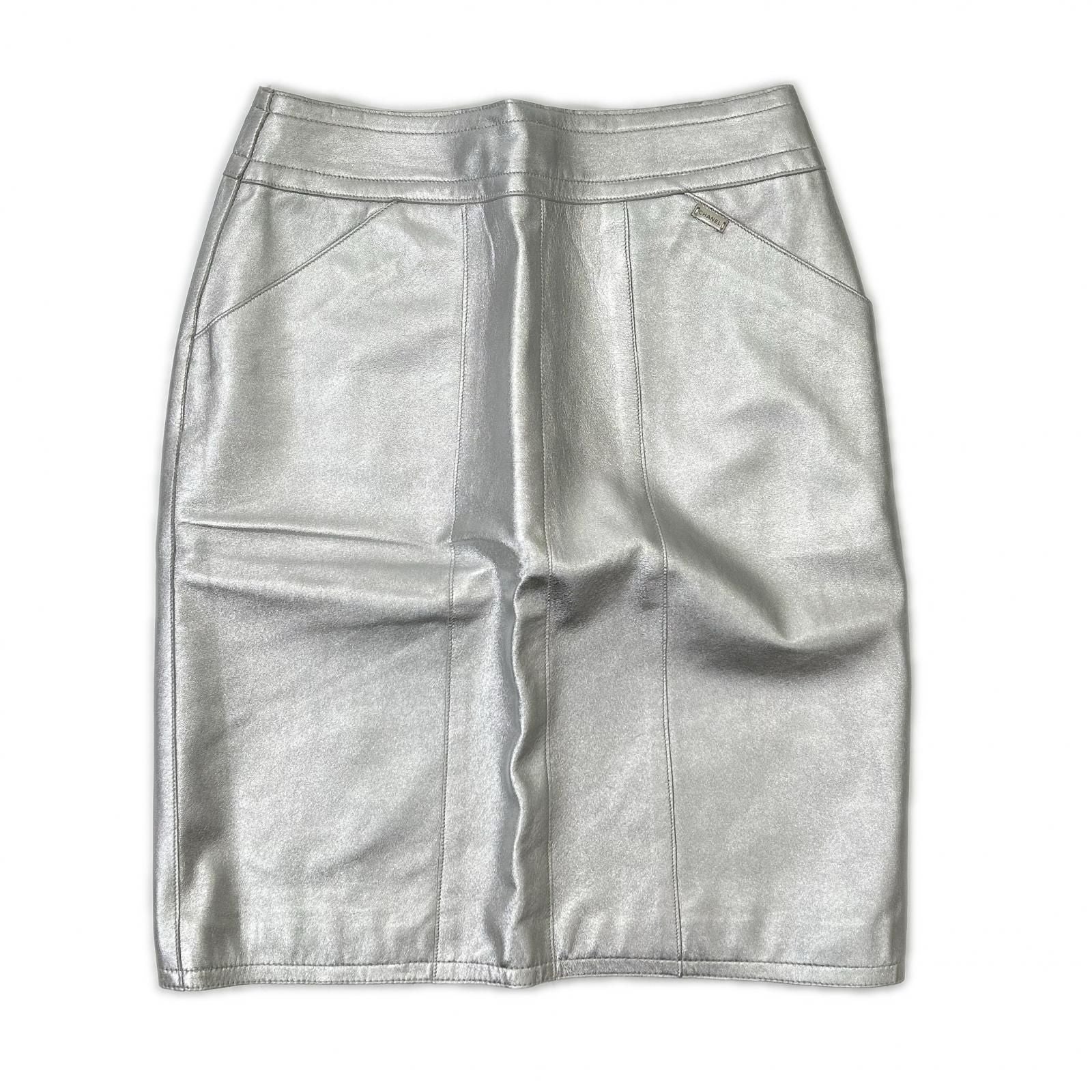Chanel Silver Lambskin Tight Mini Skirt 38