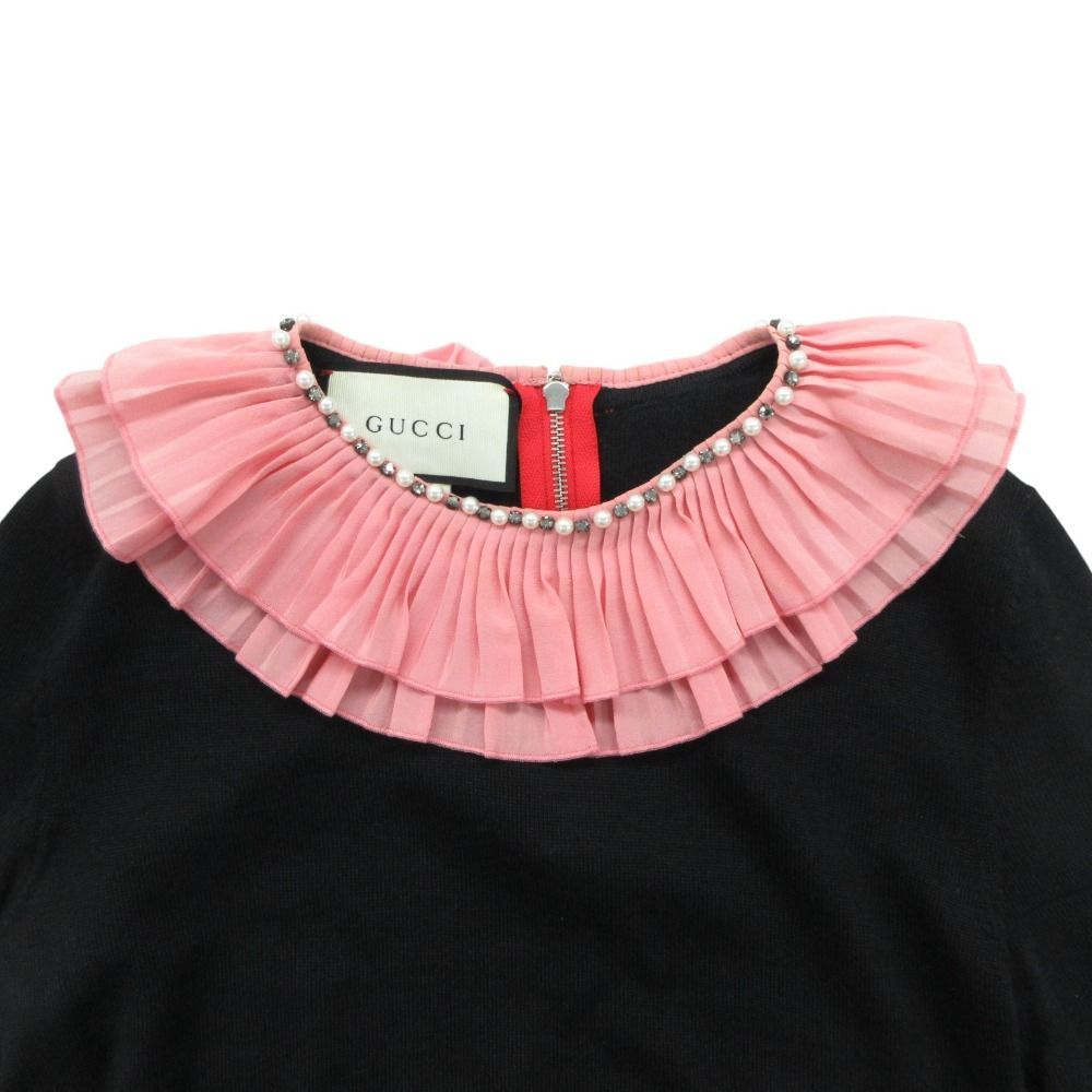 Gucci Knit Pleated Ruffle Pullover Wool Silk Pearl Visual Decoration Long — view 3