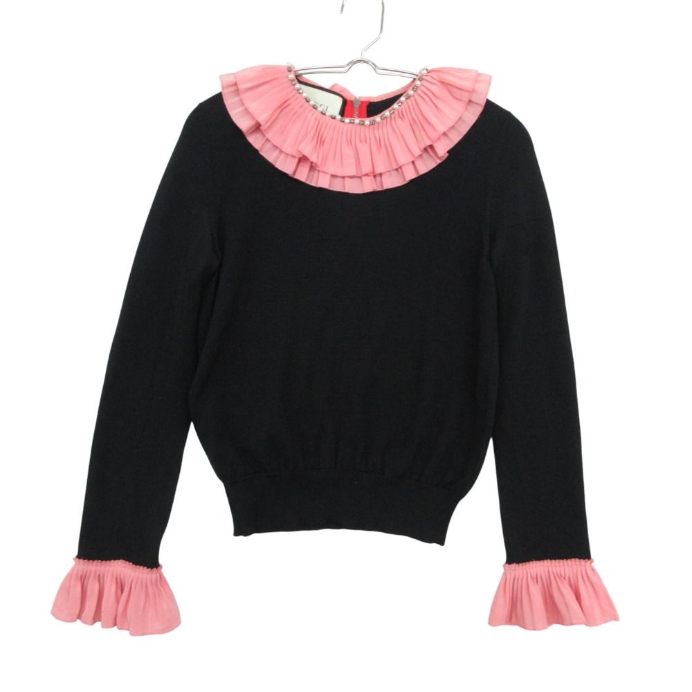 Gucci Knit Pleated Ruffle Pullover Wool Silk Pearl Visual Decoration Long