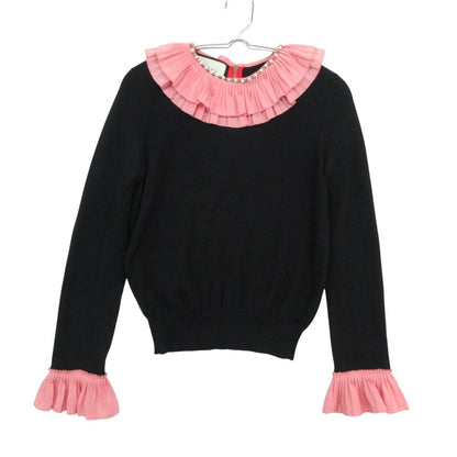 Gucci Knit Pleated Ruffle Pullover Wool Silk Pearl Visual Decoration Long