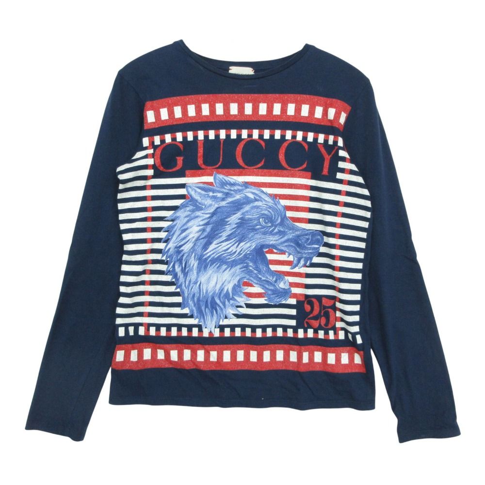 Gucci Long Sleeve T-Shirt Long T Wolf Logo Border Pattern Top Navy 12