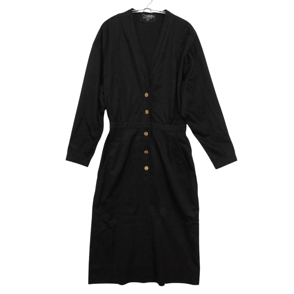 Chanel Dress Vintage Shirt Long Sleeve V-neck Clover Gold Button Black