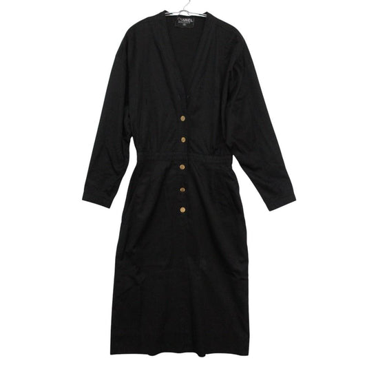 Chanel Dress Vintage Shirt Long Sleeve V-neck Clover Gold Button Black
