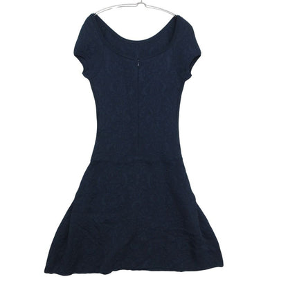 Chanel Dress Flower Jacquard Knit French Sleeve Flare a Line CC Logo Plate Navy — view 2