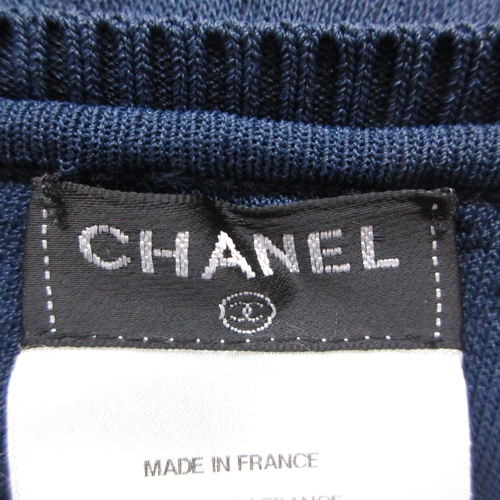 Chanel Dress Flower Jacquard Knit French Sleeve Flare a Line CC Logo Plate Navy — view 3