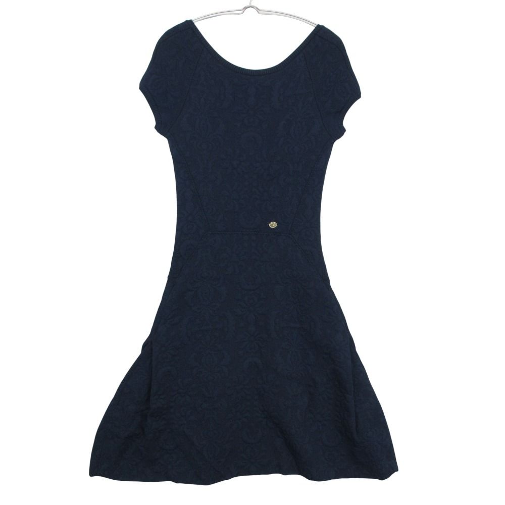 Chanel Dress Flower Jacquard Knit French Sleeve Flare a Line CC Logo Plate Navy