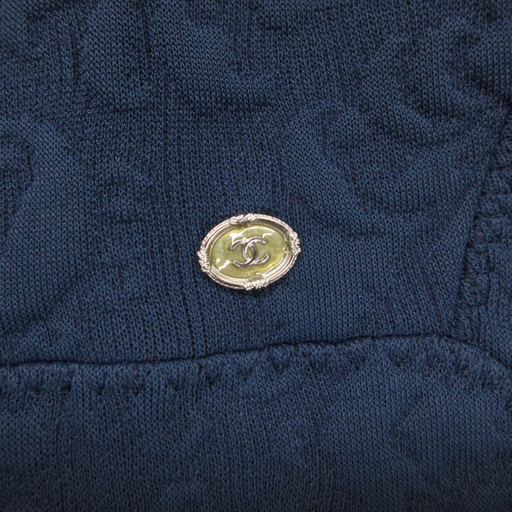 Chanel Dress Flower Jacquard Knit French Sleeve Flare a Line CC Logo Plate Navy — view 6