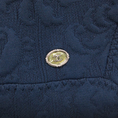 Chanel Dress Flower Jacquard Knit French Sleeve Flare a Line CC Logo Plate Navy — view 6