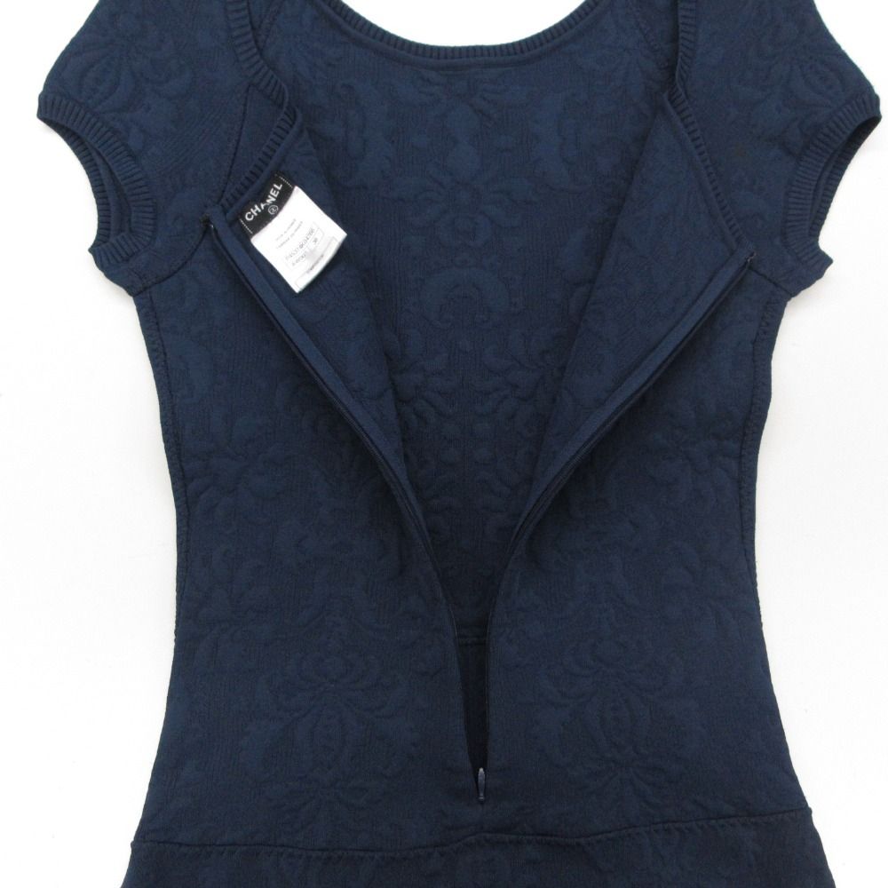 Chanel Dress Flower Jacquard Knit French Sleeve Flare a Line CC Logo Plate Navy — view 8