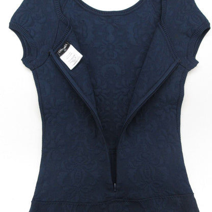Chanel Dress Flower Jacquard Knit French Sleeve Flare a Line CC Logo Plate Navy — view 8